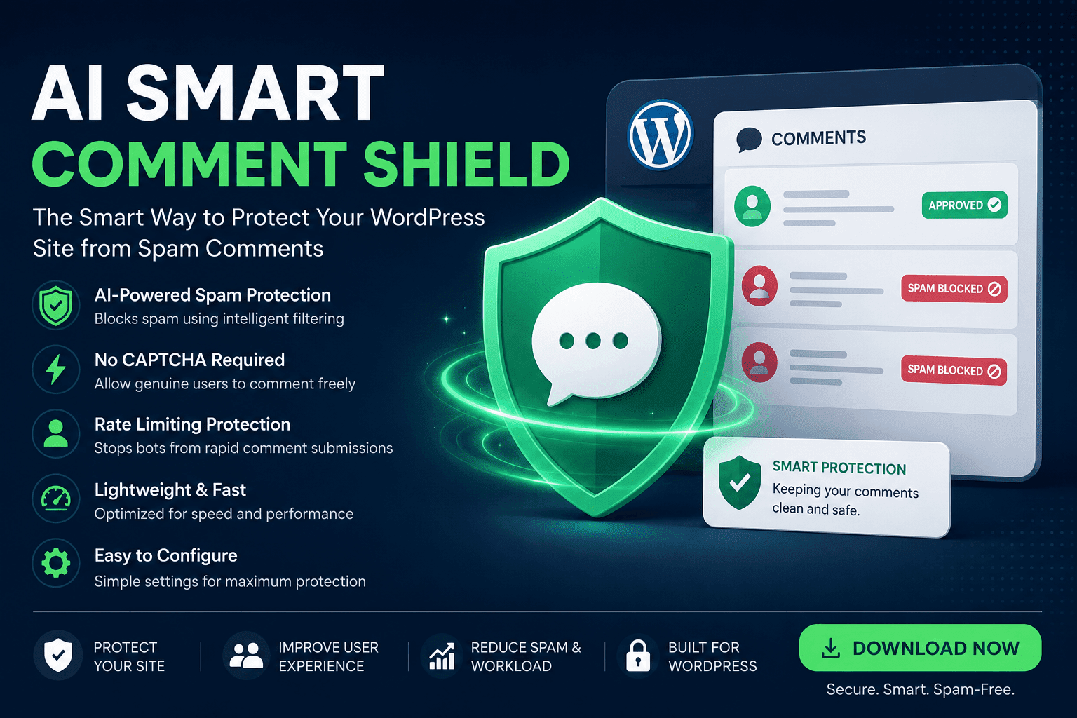 AI Smart Comment Shield Plugin showing antispam protection settings