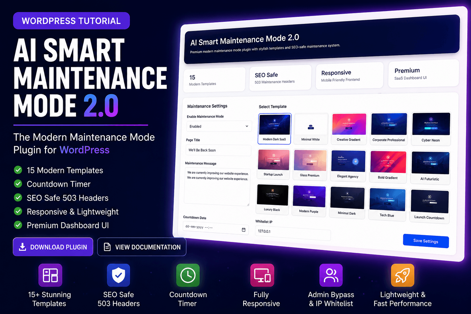 AI Smart Maintenance Mode Plugin v2.0 dashboard interface showing status configuration